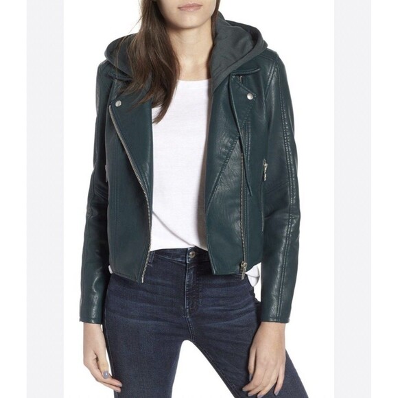 Blank NYC Moto Jacket With Removable Hood Size Small In Green Faux Leather GUC - Picture 1 of 9
